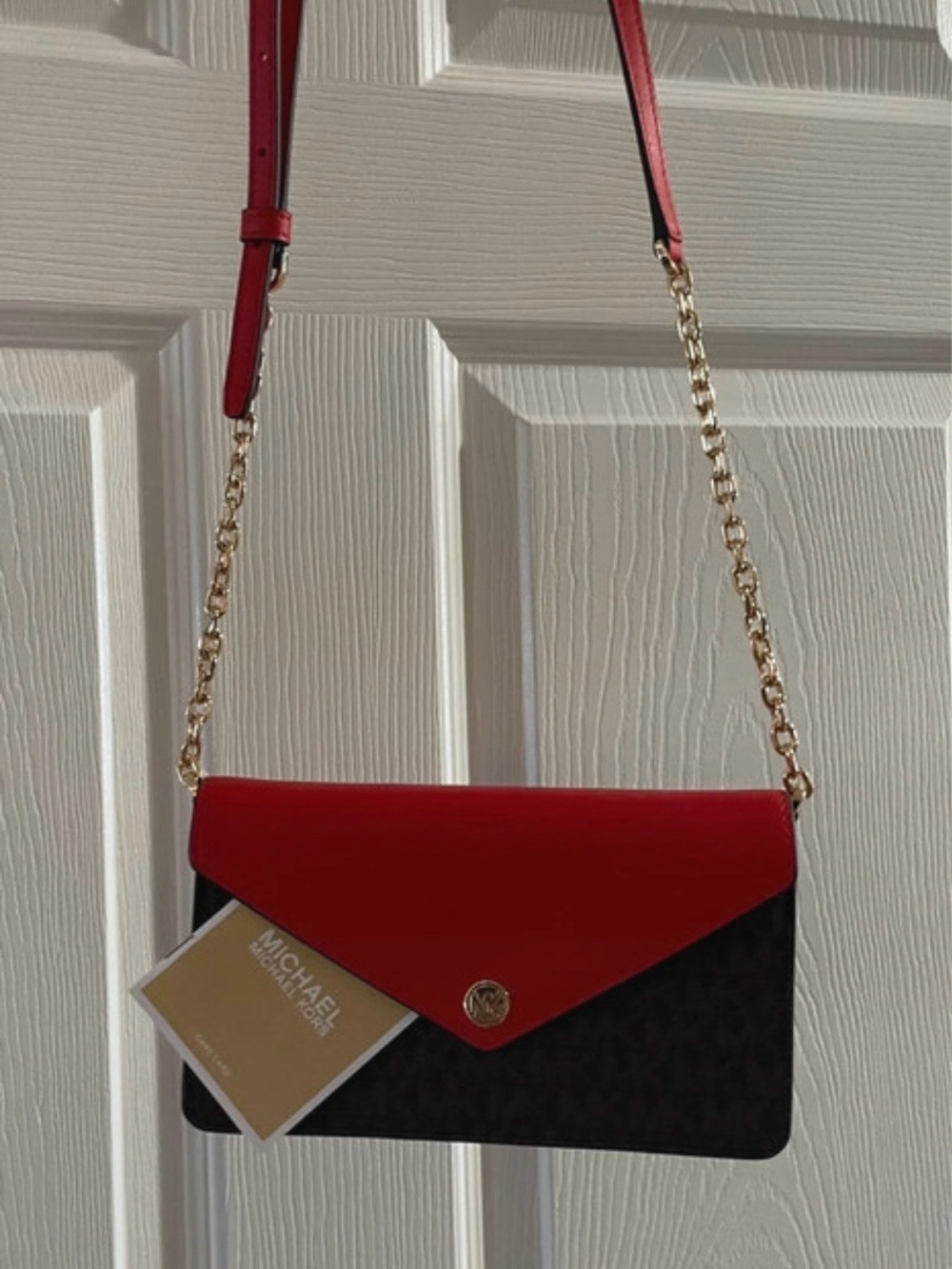 Michael Kors Red and Brown Logo-Print Chain Crossbody